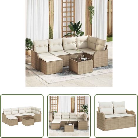 vidaXL Canapé de terrasse - Ensemble de canapé de jardin 7 pcs Beige et blanc Poly rotin (1/5)