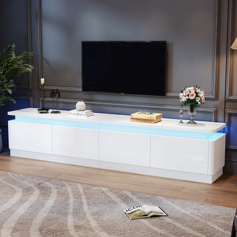 Meuble TV blanc haute brillance avec 4 tiroirs et éclairage LED, 180x34x40 cm (1/5)