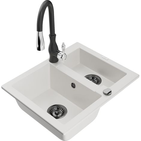 Mexen Carlos fregadero de granito de 1,5 senos con grifo de cocina Savita, blanco - 6518-20-672601-70 (1/5)