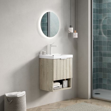 Mobile lavabo sospeso in ceramica e multistrato bianco/off white 42 cm con 2 ante e vano aperto (1/5)