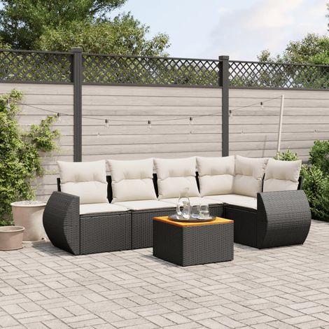 Ensemble de jardin 6 places noir résine tressée avec table acacia et rangement intégré (1/3)