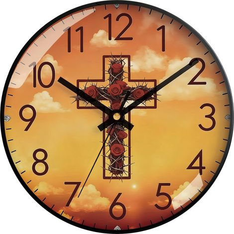 Horloge murale croix religieuse (20 cm), motif rose et épines, décoration intérieure originale, cadeau créatif (1/5)