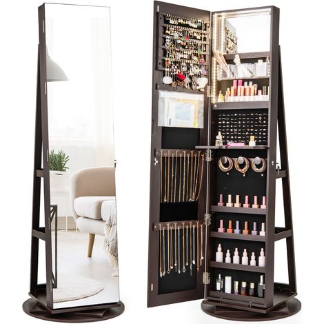 COSTWAY 360°Rotating Jewelry Armoire Standing Jewelry and Makeup Cabinet-Coffee (1/5)