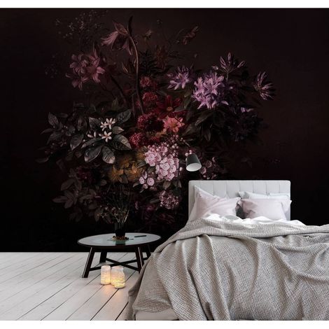Papier peint panoramique fleuri fond noir pour salon | Tapisserie panoramique cuisine effet peinture | Papier peint panoramique floral violet & rouge - 270 x 400 cm (4 pièces) (1/5)