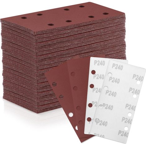 Lot de 100 feuilles abrasives - 93 mm x 185 mm - Grain 240 - 8 trous - Papier de verre avec velcro - Différents accessoires - Matériaux pour ponceuse orbitale (1/5)