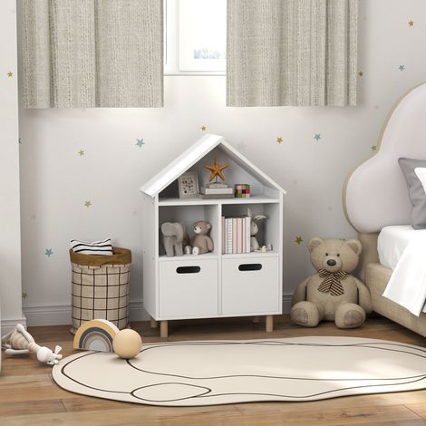 Kinderbücherregal, 3-stöckiges Aufbewahrungsmöbel mit zwei Schubladen, Hausform, 63,7 x 29,7 x 89 cm, weiß (1/5)