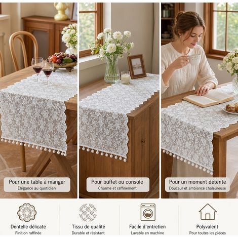 Chemin de Table Dentelle Blanche Daisy 45 x 180 cm Motif Ajoure pour Reception (1/4)