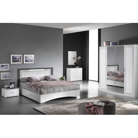 Altobuy – Chambre complète 160x200 avec armoire 4 portes – Structure en panneaux mélaminés – Éclairage LED inclus – Fabriqué en Italie
