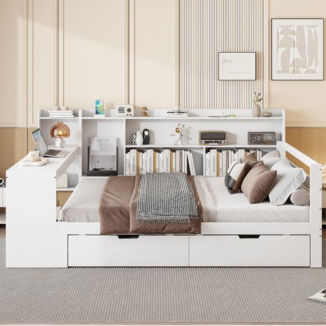 Lit 140x200 avec bureau et rangements en bois blanc OKMYHOME (1/5)