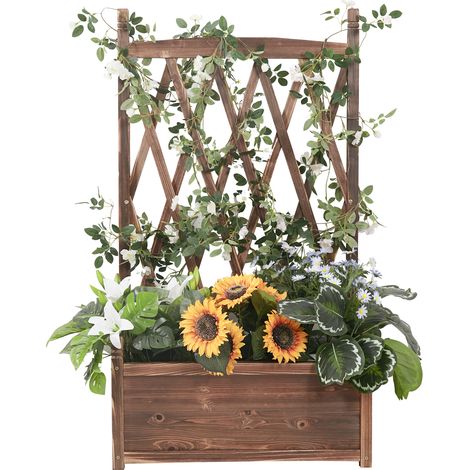 UNHO Jardinera con Celosia de Madera Maciza, Jardinera con Enrejado Maceta Planta Caja Flores Pérgola Soporte Trepadoras Macetero Exterior para Jardín Balcón Patio 64x37x76cm