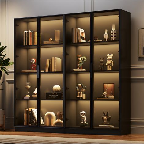 Mueble vitrina alta con LED app y puertas de vidrio negra OKMYHOME (1/5)