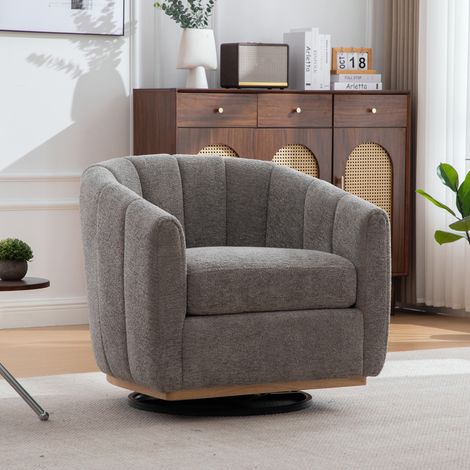 Sillón giratorio de chenilla gris, con base metálica redonda y forma de calabaza (1/5)