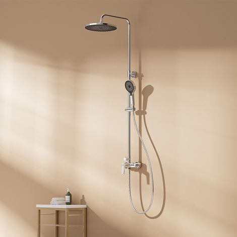 Auralum Runde Duschsystem Regendusche mit Armatur, 2 Funktionen Duschset mit Wasserhahn inkl. Kopfbrause und Handbrause, Einstellbare Höhenverstellbar 1030-1390mm,Chrom (1/5)