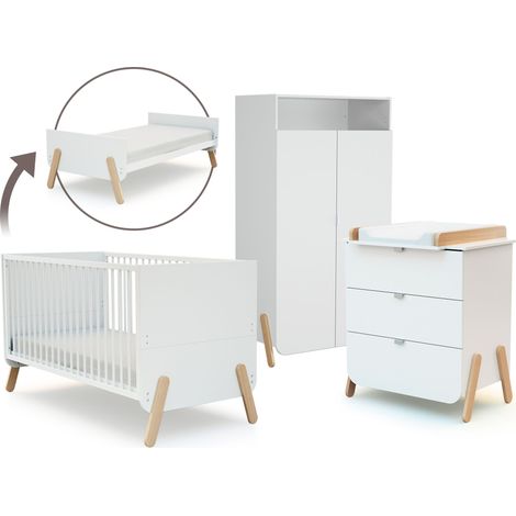 Lit bébé évolutif 70 x 140 cm – Commode à langer 3 tiroirs – Armoire 2 portes avec étagères réglables – Chambre bébé complète – AT4