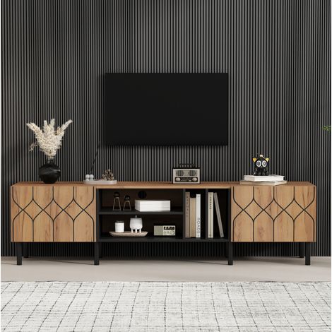 MEUBLIV Mobile TV 180x40x50 cm naturale e nero – 4 vani aperti, 2 ante senza maniglie (1/5)