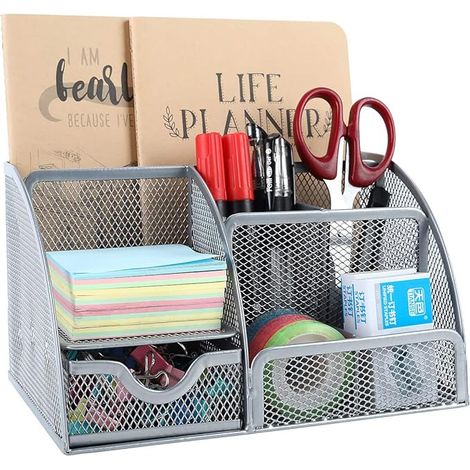 7 Compartiments Métal Organisateur de Bureau Range Bureau Rangement Bureau Pot à Crayon Porte Stylo avec Tiroir,Argent (1/5)