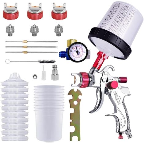 Pulvérisateur de peinture avec 10 gobelets de mélange rapide de 600 ml, ensemble de pistolet à peinture avec 3 buses de 1,4/1,7/2 mm et manomètre, pistolet pulvérisateur pour peinture de voiture,
