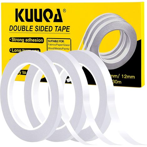 Packung mit 3 Rollen Kuuqa doppelseitigem Klebeband, starker Klebstoff für Büro und kreative Hobbys, 30 Meter lang und breit (6 mm/9 mm/12 mm). (1/5)
