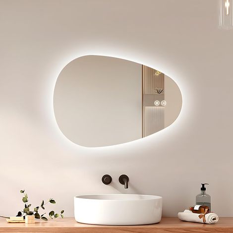 EMKE Bathroom Mirror with Lighting 70 x 50 cm Asymmetrical LED Mirror with Anti-Fog, Touch Switch, 3 Light Colours, Dimmable (1/5)