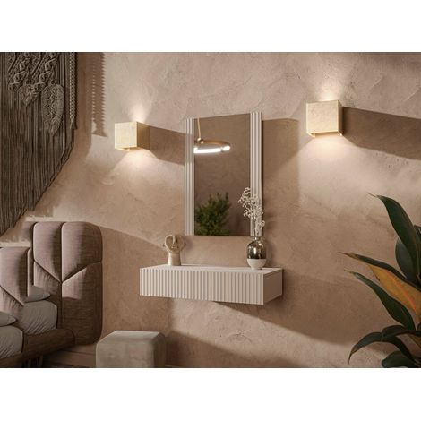 Consolle Premolo, Entratina sospesa con specchio, Design moderno con effetto cannettato, 80x42 h97 cm, Beige