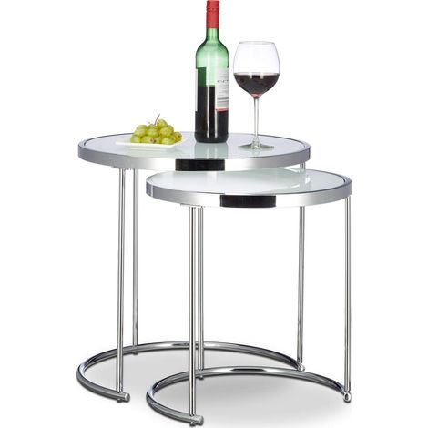 d’appoint ronde console table basse plateau verre blanc cadre chrome lot de 2 design moderne, 51 x 50 x 50 cm (1/5)