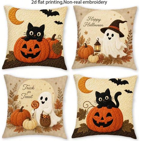 Housses coussin 45x45cm chat Halloween rustique rétro lot4 (1/5)