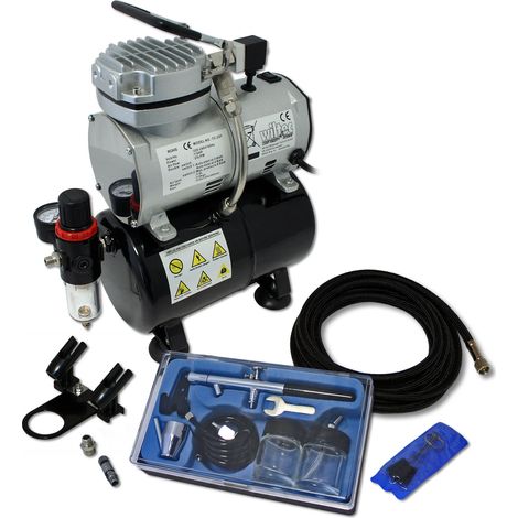 Wiltec Einsteiger Airbrush Kompressor Set AS189 mit 1 Airbrushpistole Typ 128 und umfangreichem Zubehör, 3 l Drucktank, für Modellbau, Tattoos, Nailart