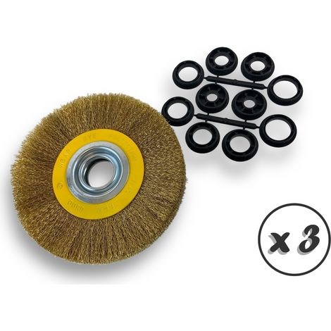 Lot de 3 brosses circulaires LAITON  Ø 175 mm  Epaisseur 2 rangs  Fil souple 0.20 mm ondulé  Alésage 32 mm + réducteur bague 25/22/20/16/12 mm  Touret affûteuse ponceuse  Kibros 235177LVx3 (1/5)