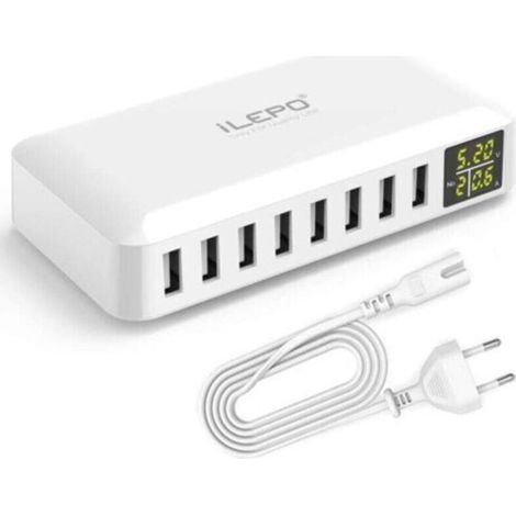 5V8A 8-Port USB-Ladegerät mit LCD-Display, USB-Multi-Socket-Smart-Ladestation, kompatibel mit iPhone XS XR SE, iPad, Samsung Galaxy, Redmi, Android-Telefonen usw. (1/4)