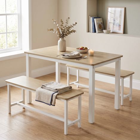 Ensemble table à manger et 2 bancs, 110x60x72 cm, Gain de place, Métal et Bois, Minimaliste, Bois naturel et Blanc (1/5)