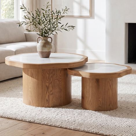 Wahson Lot de 2 Tables Basses Gigognes en Nuage avec Imitation Marbre Table de Salon Moderne avec Base en Bois, pour Salon/Balcon/Bureau, Ø 78 cm, Ø 60 cm, Bois Naturel (1/5)