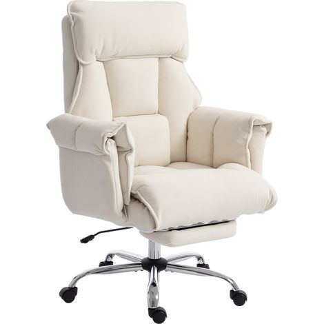 Silla de oficina giratoria regulable en altura con soporte lumbar, reposapiés, tapizada en franela color nieve, 80 x 80 x 106-114 cm, color blanco crema. (1/4)