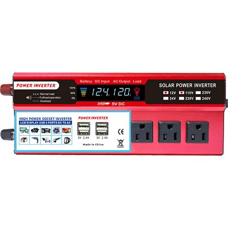 Inverteur d'énergie solaire de 2000 watts, Inverteur d'énergie solaire 12V DC à convertisseur AC 110V-120V avec 3 prises AC 2 ports de charge USB, écran LCD pour système d'énergie solaire hors réseau,