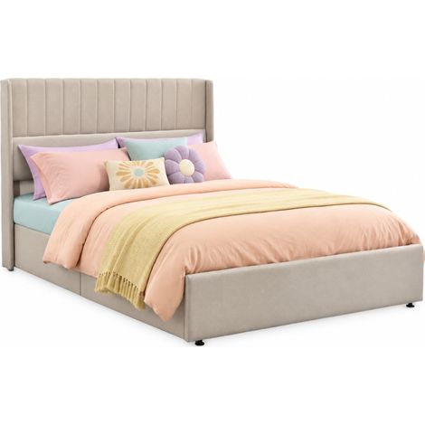 Lit coffre hydraulique 160x200 cm beige en lin, grand rangement, cadre bois et métal, tête de lit rembourrée, style moderne pour chambre- FLORAGRACE (1/5)
