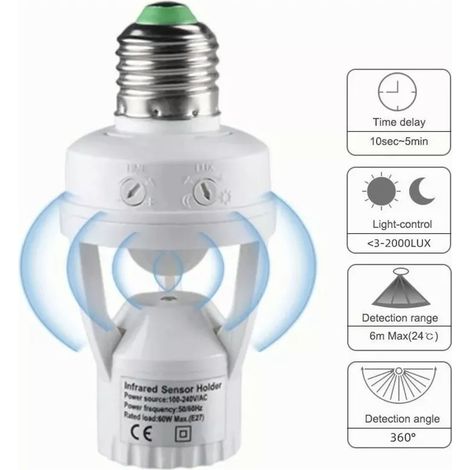 Douille d'Éclairage avec Sensor E27 100‑240V Delais 10‑300s Distance de Détection 6m Activation IR (1/5)