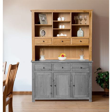 Hallowood Furniture Waverly Oak Large Sideboard Top with 3 Drawers and Open Shelves, Light Oak Wooden Storage Display Cabinets for Dining Room, Living Room or Bedroom, Kitchen Dresser Top (1/5)