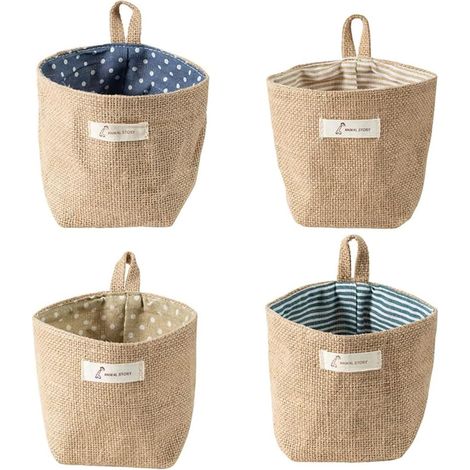 Set di 4 cestini portaoggetti in cotone e lino, borsa portaoggetti da appendere, borsa portaoggetti pieghevole con manico per giocattoli, trucchi, piccoli oggetti, chiavi (1/5)