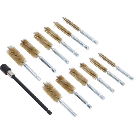 Brosse perforée universelle – acier inoxydable – tige hex 1/4″ + extension 15cm – fil laiton jaune – meulage