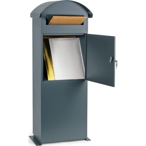 Wiltec Buzón grande de pie 42 x 24 x 102 cm gris de acero galvanizado amplia ranura de inserción con cerradura orificios de montaje tejadillo decorativo montaje a suelo (1/5)