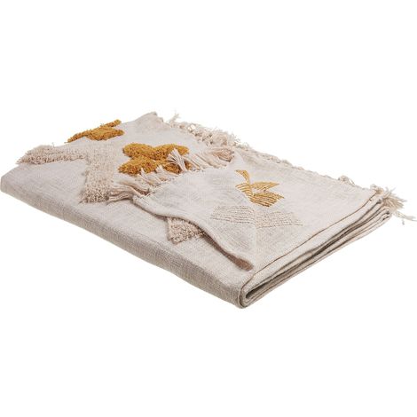 Couvre-Lit en Coton Beige et Jaune à Motif Géométrique de Style Rustique Boho Très Doux Adoni