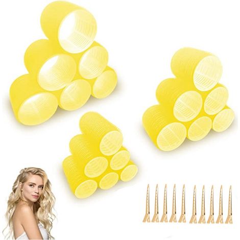 Ensemble de fers à friser, 28 pièces, comprenant 18 fers à friser sans chaleur (3 tailles différentes) et 10 pinces à cheveux. Convient à tous les types de cheveux. Jaune. (1/5)
