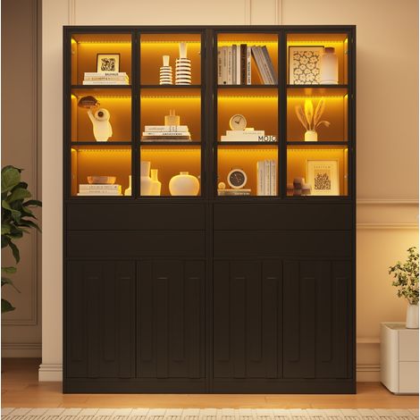 Vitrine display 140x34x180 cm en bois noir, avec rangement pour salon FloraGrace (1/5)