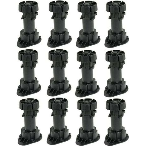 Lot de 12 Pied Réglable pour Meuble Pieds pour Armoire en Plastique avec Clip Fixation Base - Hauteur 120 à 150mm