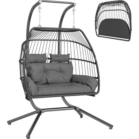 Fauteuil Suspendu Œuf 2 Places Pliable avec Coussin et Support Acier Gris Foncé Max 260 kg - PANGIVO (1/5)
