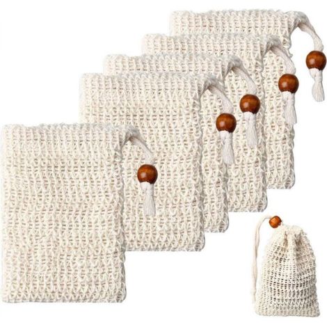 [NON UTILIZZATO] Set di 5 sacchetti per sapone in sisal, sacchetti salvasapone ecologici, sacchetti con coulisse naturale per bagno e doccia