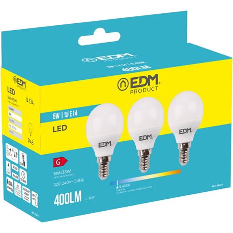 Kit 3 Bombillas LED EDM Esféricas E14 5W 400lm 6400K Luz Fría Ø4,5x8cm (1/5)