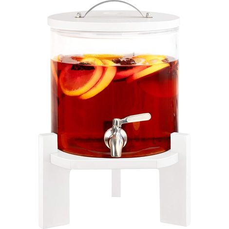 1 Distributeur de boissons,Verre borosilicate,Robinet inox,Couvercle bois,Support bois,Aperitif Fete Buffet