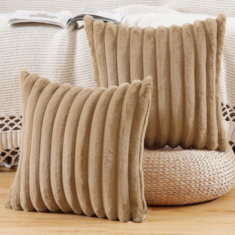 Set of 2 Plush Faux Fur Throw Pillow Covers Soft Fluffy Striped Decorative Cushion Cover for Sofa Bedroom Cushion Camel 40 x 40 cm (1/5)