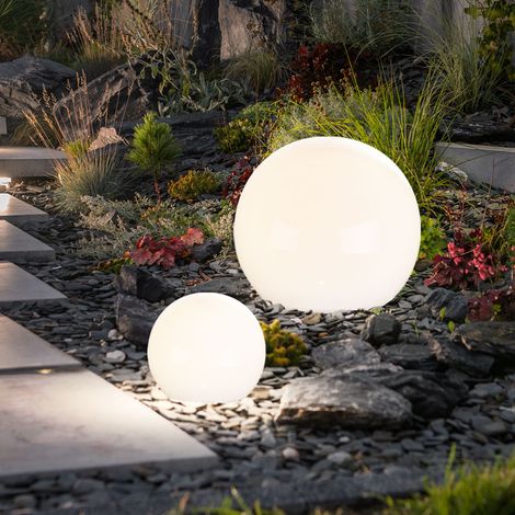 Boule lumineuse solaire décorative pour jardin – Lot de 2 – Piquet inclus – Autonomie 6-8h – IP44 – Blanc chaud – D 10/30 cm – Expo Börse