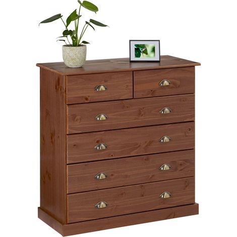 Idimex – Commode enfant 6 tiroirs en pin massif – Dimensions 95 x 91 x 39 cm – Couleur châtaigne – Poignées coquille en métal bronze